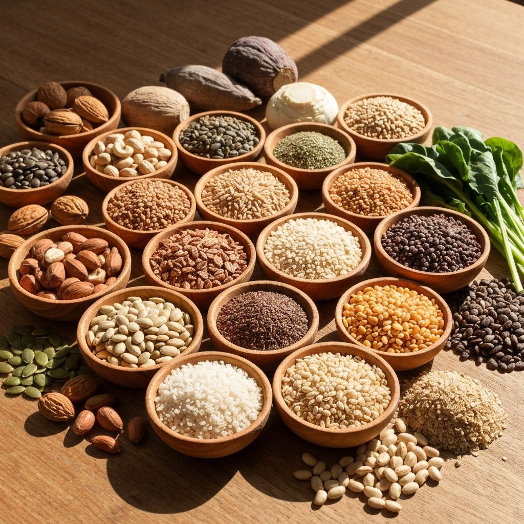 Mineral-rich foods including nuts, seeds, and vegetables